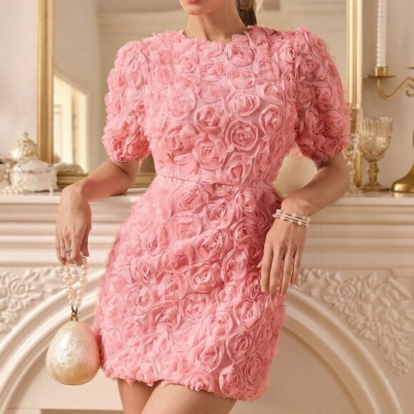 Dresses & Skirts - Pink Party Women's 3d Floral Decor Mini Dress with Cinched Waist